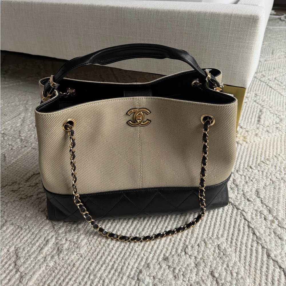 Chanel 26S Black Beige Canvas Large Shopping Bag